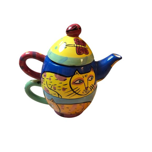 Artsy Cat Tea pot 3 PCs Cats lounge dreaming of goldfish - Picture 1 of 14